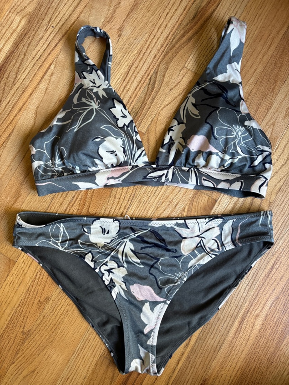 Athleta medium tan/Gray Floral Two-Piece Bikini with Pink Accents